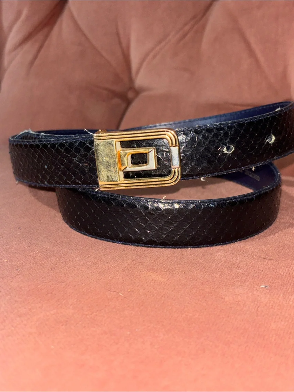 Vintage Navy blue Snakeskin Belt with Gold Buckle genuine snakeskin statement